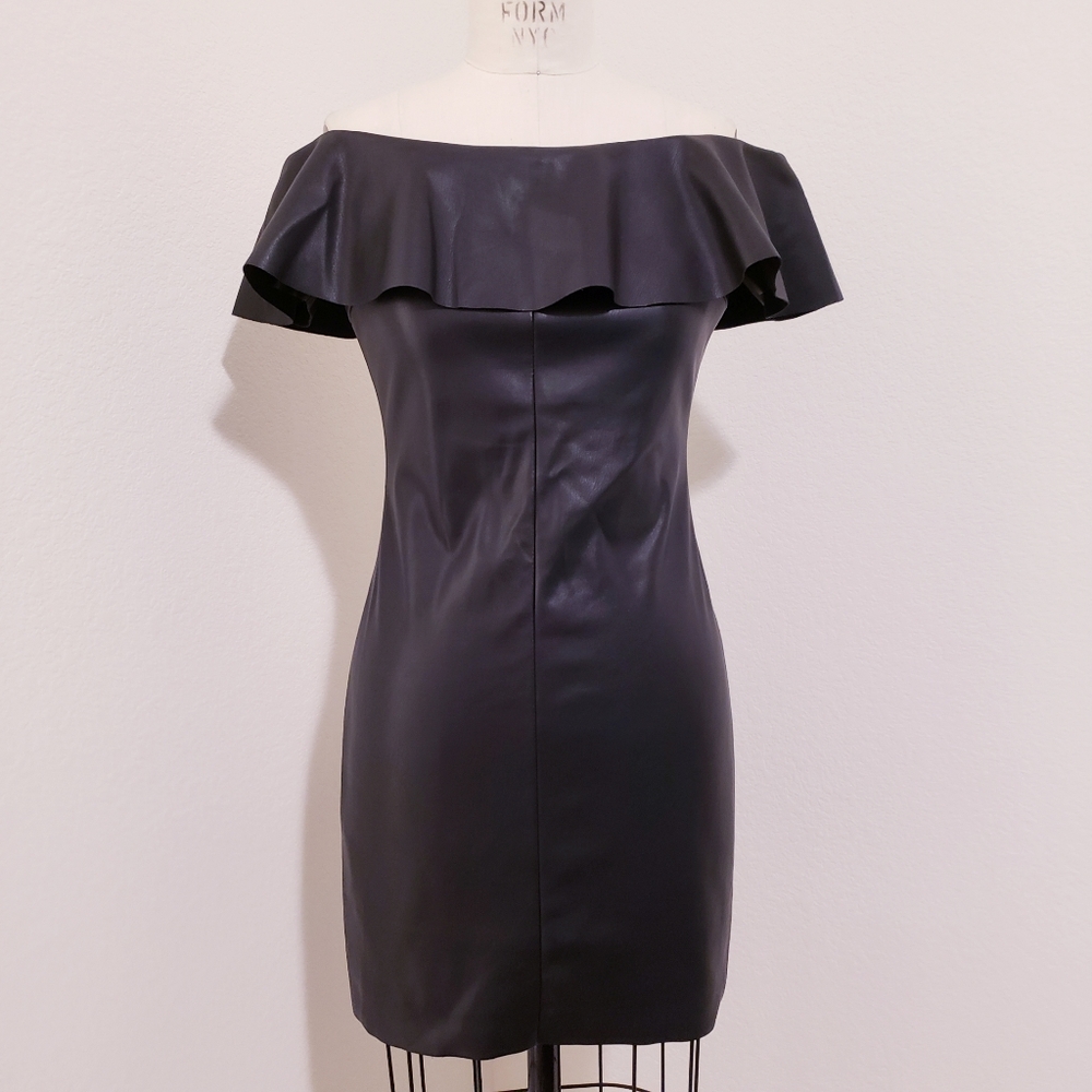 Black Vegan Leather Ruffle Mini Dress